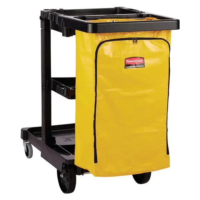 Alt view image 3 of 7 - Traditional Janitorial 3-Shelf Cleaning Cart, Wheeled with Zippered Yellow Vinyl Bag, for Business/School/Office/Janatorial Cleaning