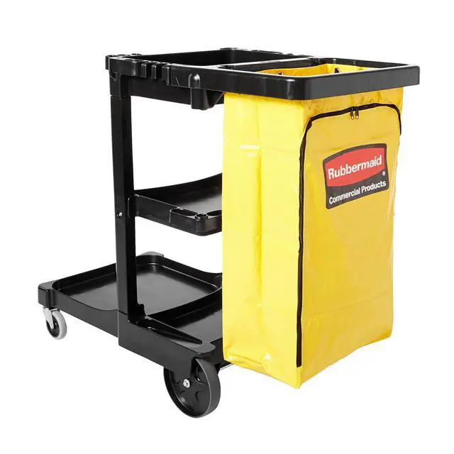 Alt view image 7 of 7 - Traditional Janitorial 3-Shelf Cleaning Cart, Wheeled with Zippered Yellow Vinyl Bag, for Business/School/Office/Janatorial Cleaning