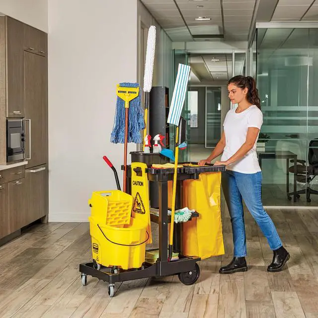 Alt view image 2 of 7 - Traditional Janitorial 3-Shelf Cleaning Cart, Wheeled with Zippered Yellow Vinyl Bag, for Business/School/Office/Janatorial Cleaning