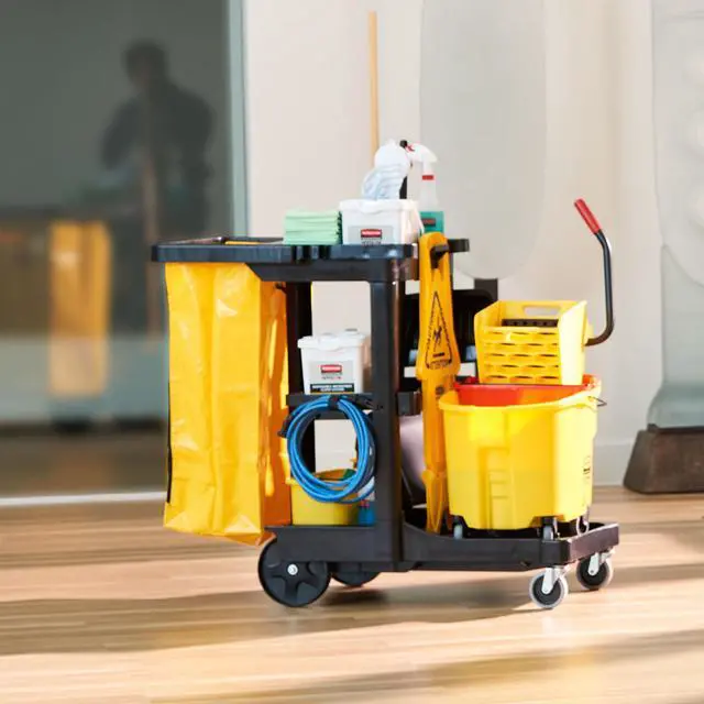 Alt view image 4 of 7 - Traditional Janitorial 3-Shelf Cleaning Cart, Wheeled with Zippered Yellow Vinyl Bag, for Business/School/Office/Janatorial Cleaning