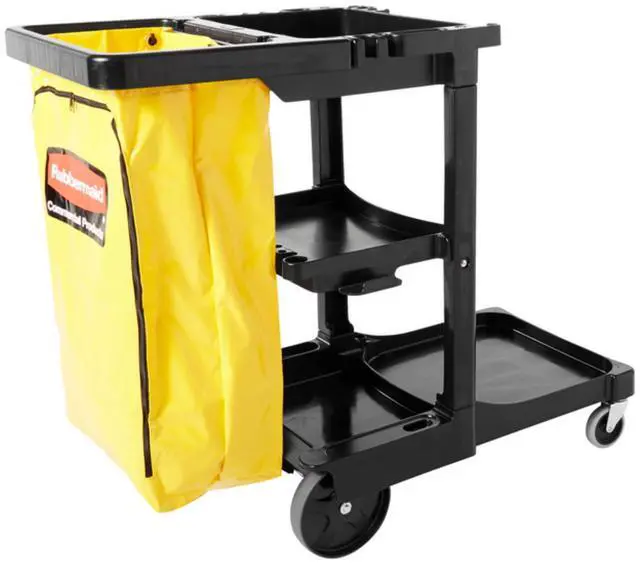 Main image of Traditional Janitorial 3-Shelf Cleaning Cart, Wheeled with Zippered Yellow Vinyl Bag, for Business/School/Office/Janatorial Cleaning