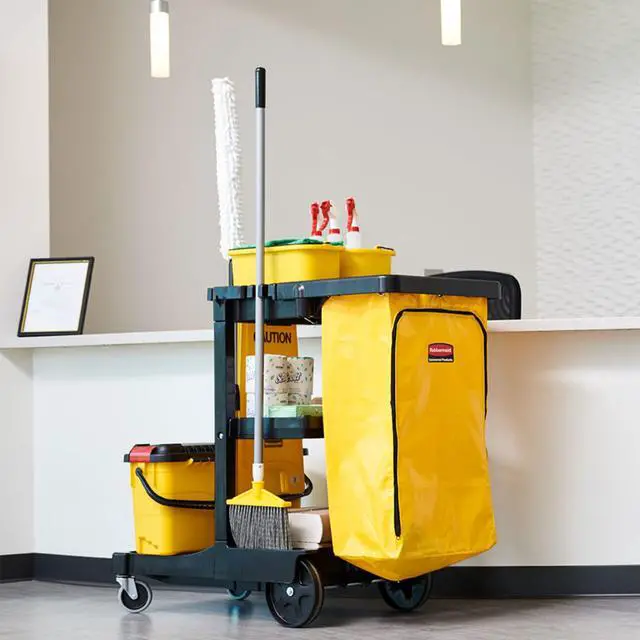 Alt view image 5 of 7 - Traditional Janitorial 3-Shelf Cleaning Cart, Wheeled with Zippered Yellow Vinyl Bag, for Business/School/Office/Janatorial Cleaning