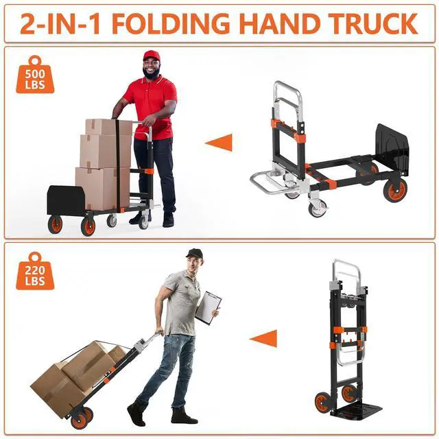 Alt view image 2 of 7 - 3 in 1 Heavy Duty Folding Hand Truck, Convertible Portable Steel Dolly with Telescopic Handle, Foldable Utility Cart with Rubber Wheels, 500 LBS