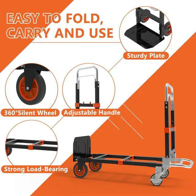 Alt view image 4 of 7 - 3 in 1 Heavy Duty Folding Hand Truck, Convertible Portable Steel Dolly with Telescopic Handle, Foldable Utility Cart with Rubber Wheels, 500 LBS