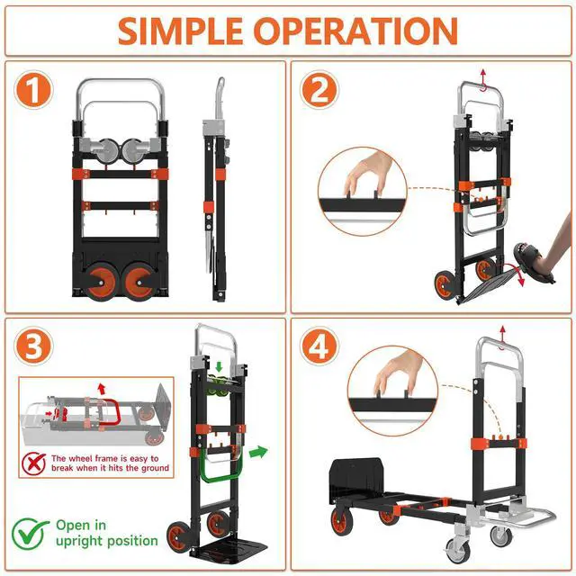 Alt view image 3 of 7 - 3 in 1 Heavy Duty Folding Hand Truck, Convertible Portable Steel Dolly with Telescopic Handle, Foldable Utility Cart with Rubber Wheels, 500 LBS