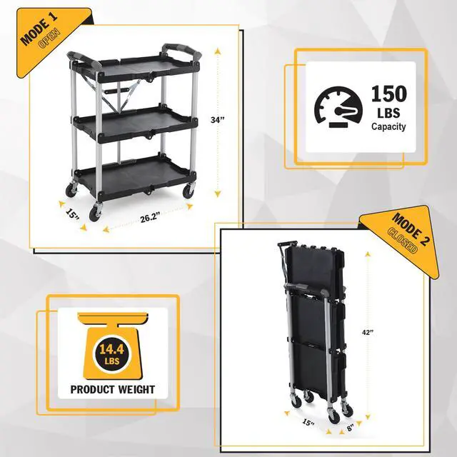 Alt view image 3 of 7 - 85-188 Pack-N-Roll Folding Collapsible Service Cart, 150LB Capacity, Black