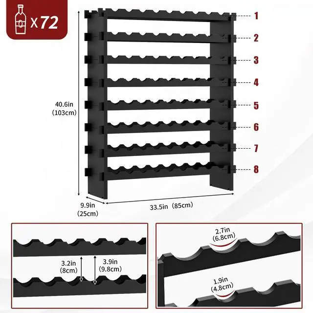 Alt view image 3 of 7 - Bamboo Stackable Wine Rack,72 Bottles Wine Rack Freestanding Floor,No Tools Assembly,8-Tier Display Wine Storage Shelf for Kitchen, Bar, Dining Room,Cellar,Black