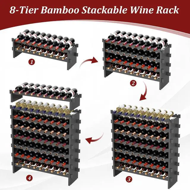 Alt view image 7 of 7 - Bamboo Stackable Wine Rack,72 Bottles Wine Rack Freestanding Floor,No Tools Assembly,8-Tier Display Wine Storage Shelf for Kitchen, Bar, Dining Room,Cellar,Black