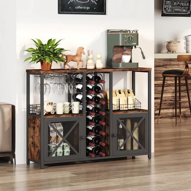 Alt view image 3 of 7 - Mini Bars for Home, Wooden Coffee Bar Cabinet, Modern Liquor Cabinet for Liquor and Glasses, Farmhouse Buffet Wine Cabinet with Storage Sideboard for Home Kitchen Dining Room