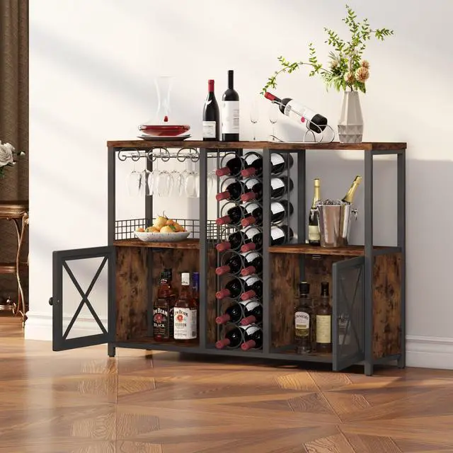 Alt view image 2 of 7 - Mini Bars for Home, Wooden Coffee Bar Cabinet, Modern Liquor Cabinet for Liquor and Glasses, Farmhouse Buffet Wine Cabinet with Storage Sideboard for Home Kitchen Dining Room