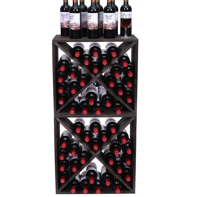 Alt view image 3 of 7 - Wine Racks countertop Solid Wood Stackable Storage Rustic Retro Cube 48-Bottle Wooden Wine Rack Wine Cabinet(48BottleBlack)