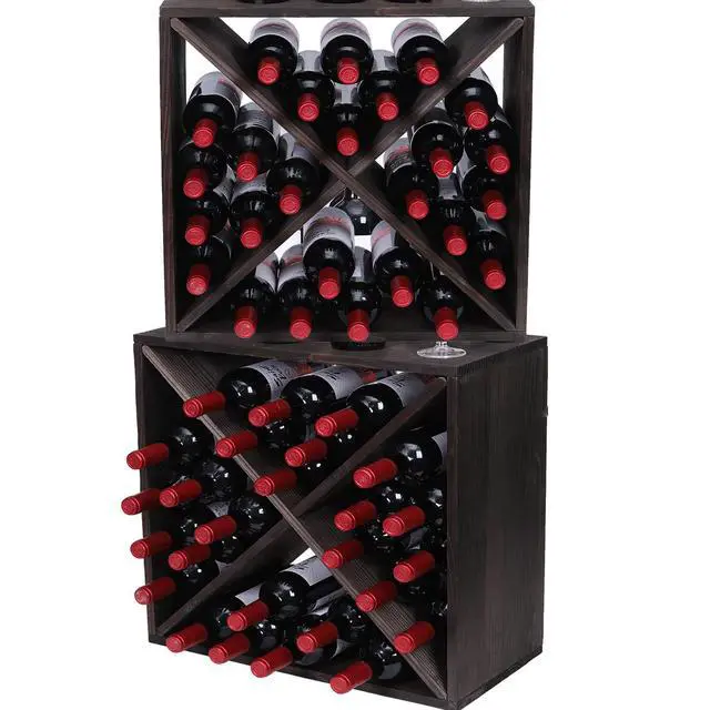 Alt view image 4 of 7 - Wine Racks countertop Solid Wood Stackable Storage Rustic Retro Cube 48-Bottle Wooden Wine Rack Wine Cabinet(48BottleBlack)