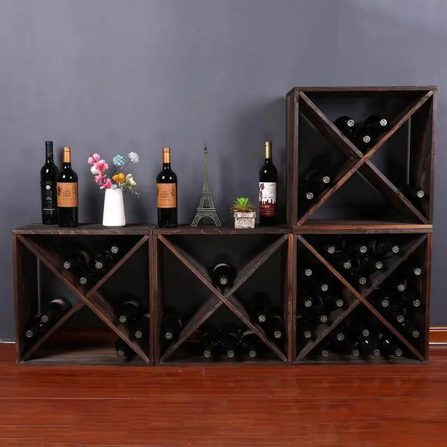 Alt view image 6 of 7 - Wine Racks countertop Solid Wood Stackable Storage Rustic Retro Cube 48-Bottle Wooden Wine Rack Wine Cabinet(48BottleBlack)