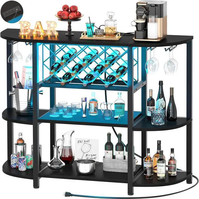 Main image of 4-Tier Metal Coffee Bar Cabinet with Outlet and LED Light, Freestanding Floor Bar Table for Liquor with Glass Holder and Wine Storage, Wine Table Bakers Rack for Kitchen Dining Room, Black