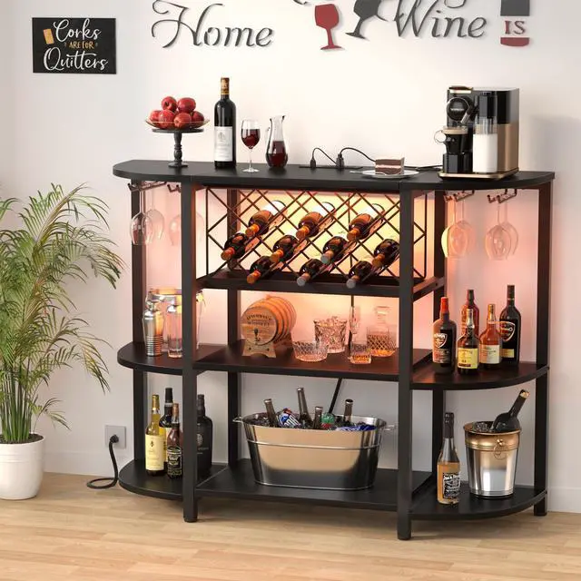 Alt view image 2 of 7 - 4-Tier Metal Coffee Bar Cabinet with Outlet and LED Light, Freestanding Floor Bar Table for Liquor with Glass Holder and Wine Storage, Wine Table Bakers Rack for Kitchen Dining Room, Black