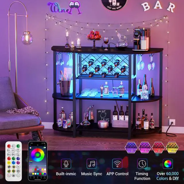 Alt view image 4 of 7 - 4-Tier Metal Coffee Bar Cabinet with Outlet and LED Light, Freestanding Floor Bar Table for Liquor with Glass Holder and Wine Storage, Wine Table Bakers Rack for Kitchen Dining Room, Black