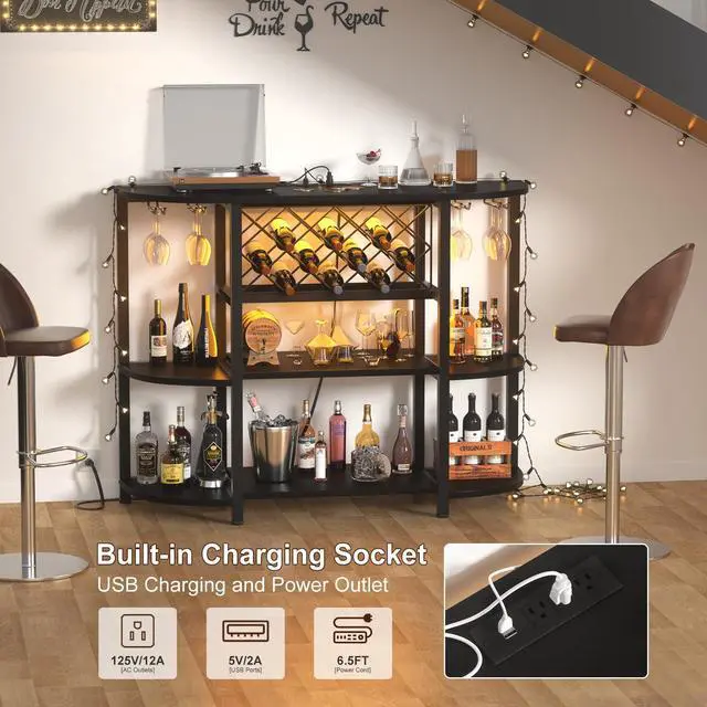Alt view image 5 of 7 - 4-Tier Metal Coffee Bar Cabinet with Outlet and LED Light, Freestanding Floor Bar Table for Liquor with Glass Holder and Wine Storage, Wine Table Bakers Rack for Kitchen Dining Room, Black