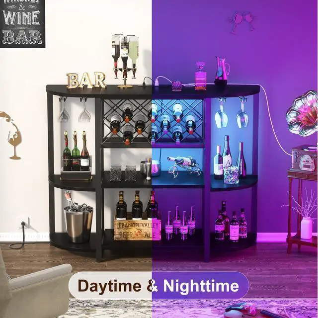 Alt view image 6 of 7 - 4-Tier Metal Coffee Bar Cabinet with Outlet and LED Light, Freestanding Floor Bar Table for Liquor with Glass Holder and Wine Storage, Wine Table Bakers Rack for Kitchen Dining Room, Black