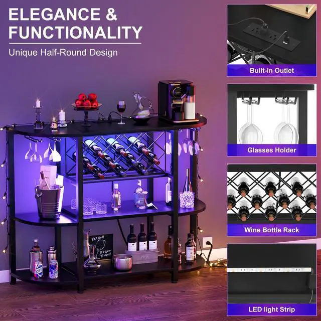 Alt view image 3 of 7 - 4-Tier Metal Coffee Bar Cabinet with Outlet and LED Light, Freestanding Floor Bar Table for Liquor with Glass Holder and Wine Storage, Wine Table Bakers Rack for Kitchen Dining Room, Black