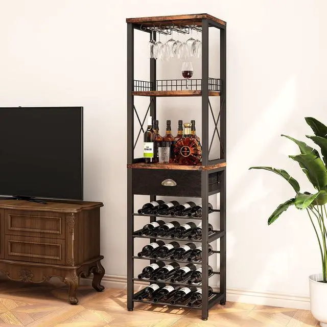 Alt view image 2 of 7 - Wine Rack Freestanding Floor, Bar Cabinet for Liquor and Glasses, 4-Tier bar Cabinet with Tabletop, Glass Holder, Storage Drawer and Wine Storage for Living Room (Patent No.D29872845)