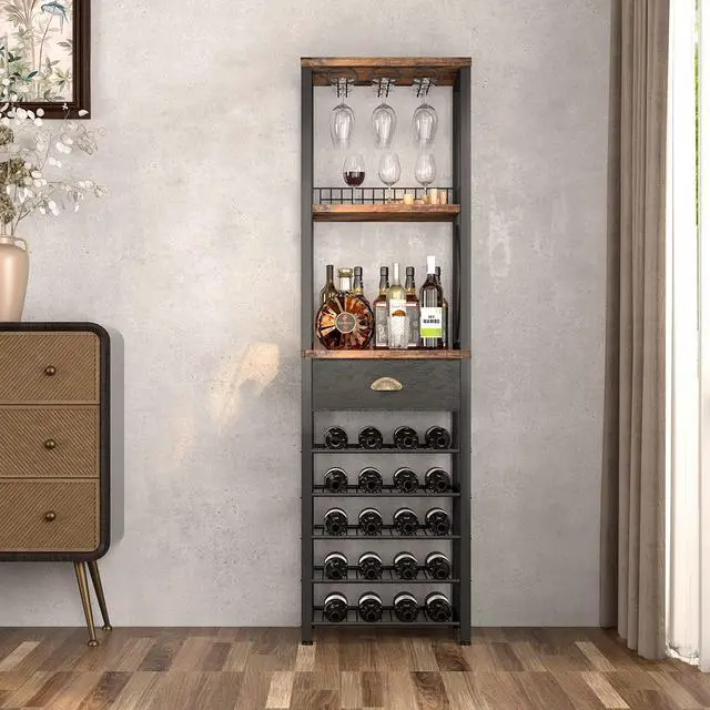 Alt view image 3 of 7 - Wine Rack Freestanding Floor, Bar Cabinet for Liquor and Glasses, 4-Tier bar Cabinet with Tabletop, Glass Holder, Storage Drawer and Wine Storage for Living Room (Patent No.D29872845)