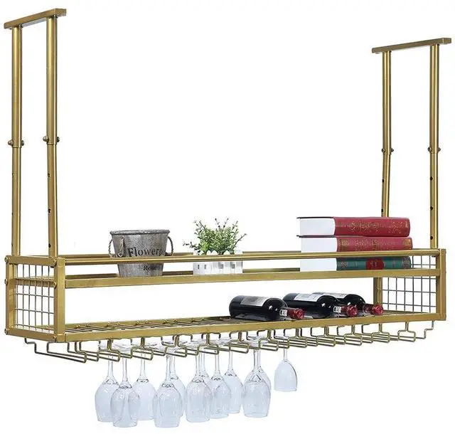 Main image of Hanging Wine Glass Rack Ceiling for Bar Restaurants,47.2in Adjustable Metal Wine Glass Holder,Industrial Iron Wine Shelf Wall Mounted(Gold)