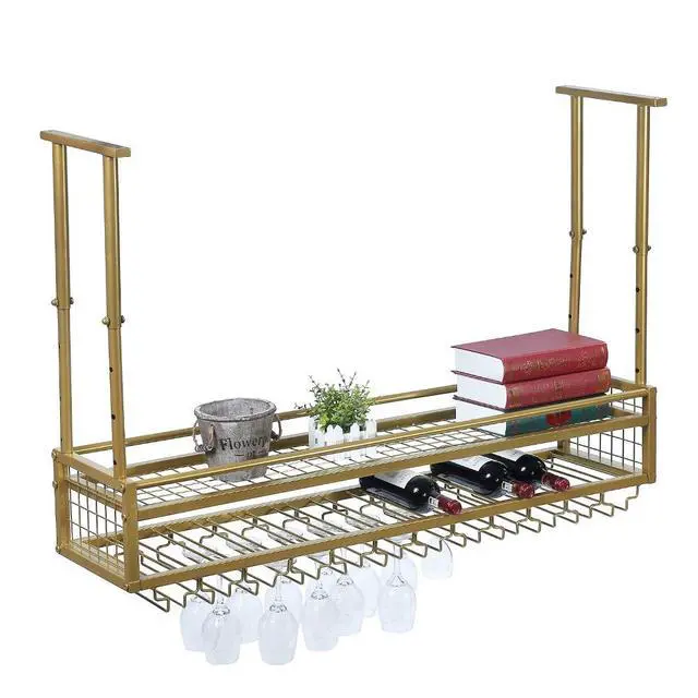 Alt view image 2 of 6 - Hanging Wine Glass Rack Ceiling for Bar Restaurants,47.2in Adjustable Metal Wine Glass Holder,Industrial Iron Wine Shelf Wall Mounted(Gold)