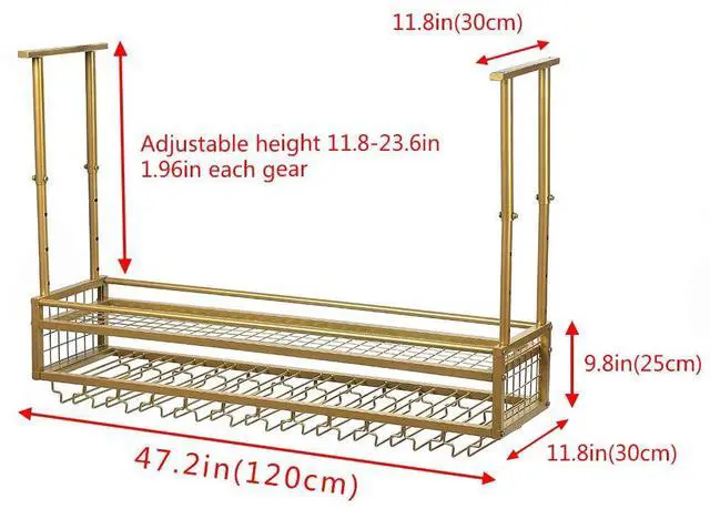 Alt view image 3 of 6 - Hanging Wine Glass Rack Ceiling for Bar Restaurants,47.2in Adjustable Metal Wine Glass Holder,Industrial Iron Wine Shelf Wall Mounted(Gold)