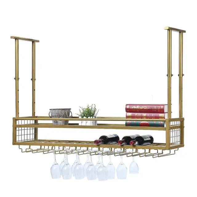 Alt view image 5 of 6 - Hanging Wine Glass Rack Ceiling for Bar Restaurants,47.2in Adjustable Metal Wine Glass Holder,Industrial Iron Wine Shelf Wall Mounted(Gold)