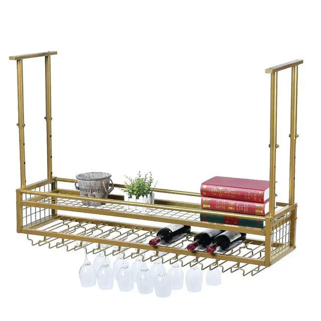 Alt view image 6 of 6 - Hanging Wine Glass Rack Ceiling for Bar Restaurants,47.2in Adjustable Metal Wine Glass Holder,Industrial Iron Wine Shelf Wall Mounted(Gold)
