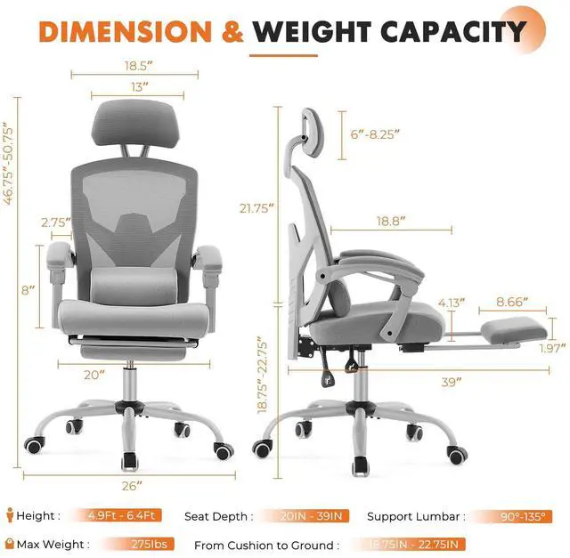Alt view image 2 of 7 - Office Computer Desk Chair with Footrest,Ergonomic High-Back Mesh Rolling Work Swivel Chairs with Wheels,Comfortable Lumbar Support,Comfy Arms for Home,Bedroom,Study,Student,Light Grey