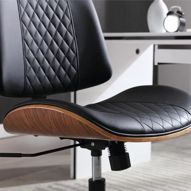 Alt view image 2 of 7 - Home Office Chair No Arms with Wheels, Adjustable Height Small Desk Chair, PU Leather Mid Back 360 Swivel Computer Chair, Armless Modern Walnut Chair for Office, Reading Meeting Room(Black)