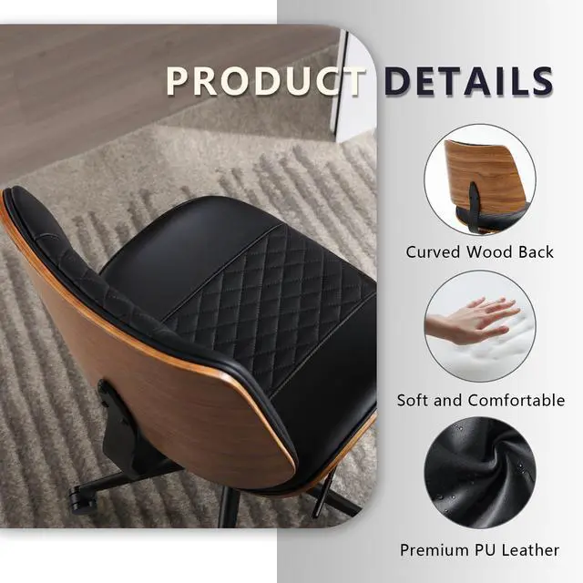Alt view image 6 of 7 - Home Office Chair No Arms with Wheels, Adjustable Height Small Desk Chair, PU Leather Mid Back 360 Swivel Computer Chair, Armless Modern Walnut Chair for Office, Reading Meeting Room(Black)