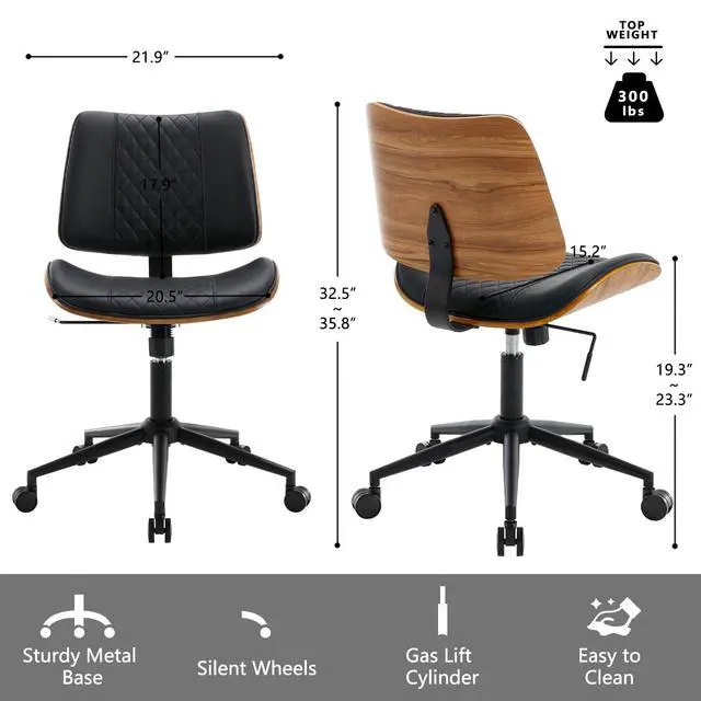 Alt view image 3 of 7 - Home Office Chair No Arms with Wheels, Adjustable Height Small Desk Chair, PU Leather Mid Back 360 Swivel Computer Chair, Armless Modern Walnut Chair for Office, Reading Meeting Room(Black)
