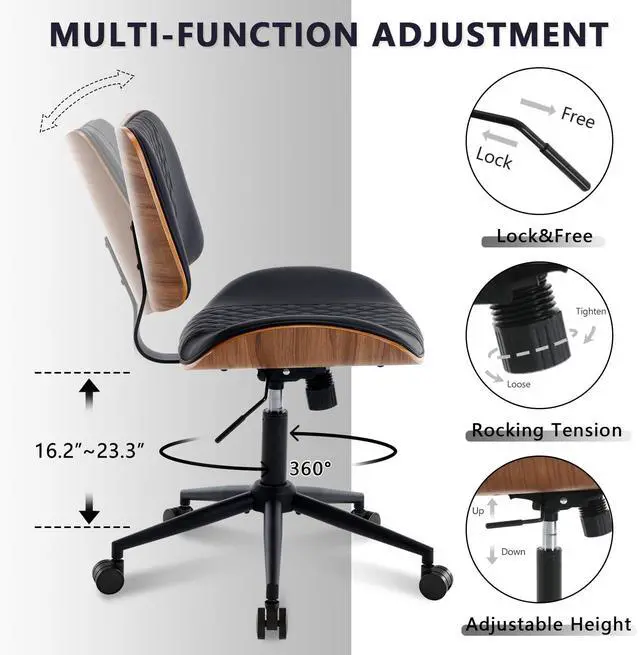 Alt view image 7 of 7 - Home Office Chair No Arms with Wheels, Adjustable Height Small Desk Chair, PU Leather Mid Back 360 Swivel Computer Chair, Armless Modern Walnut Chair for Office, Reading Meeting Room(Black)