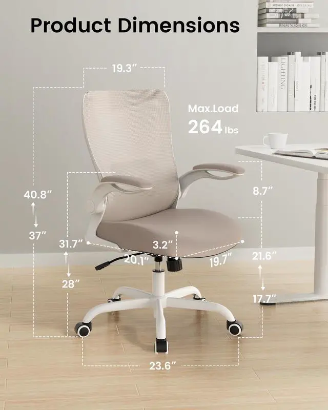 Alt view image 2 of 6 - Office Chair, Ergonomic Desk Chair with Adjustable Lumbar Support and Flip up Armrest, Breathable Mesh Computer Chair for Home Office, Khaki