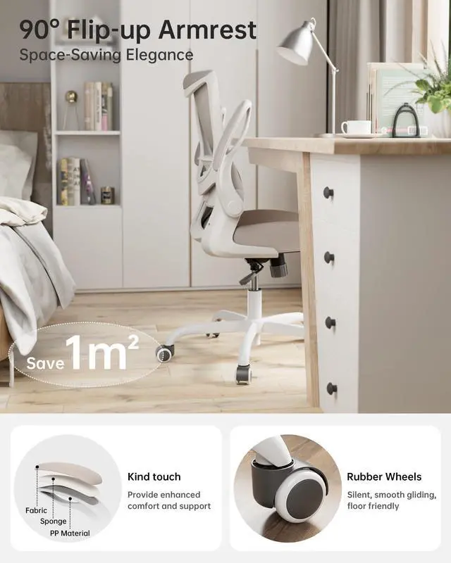 Alt view image 3 of 6 - Office Chair, Ergonomic Desk Chair with Adjustable Lumbar Support and Flip up Armrest, Breathable Mesh Computer Chair for Home Office, Khaki