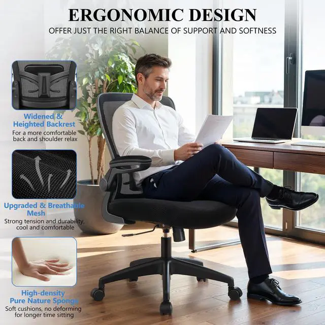 Alt view image 5 of 7 - Office Chair, Ergonomic Desk Chair Breathable Mesh Chairs Adjustable High Back Lumbar Support Flip-up Armrests, Executive Rolling Swivel Comfy Computer Chairs Home Office Black