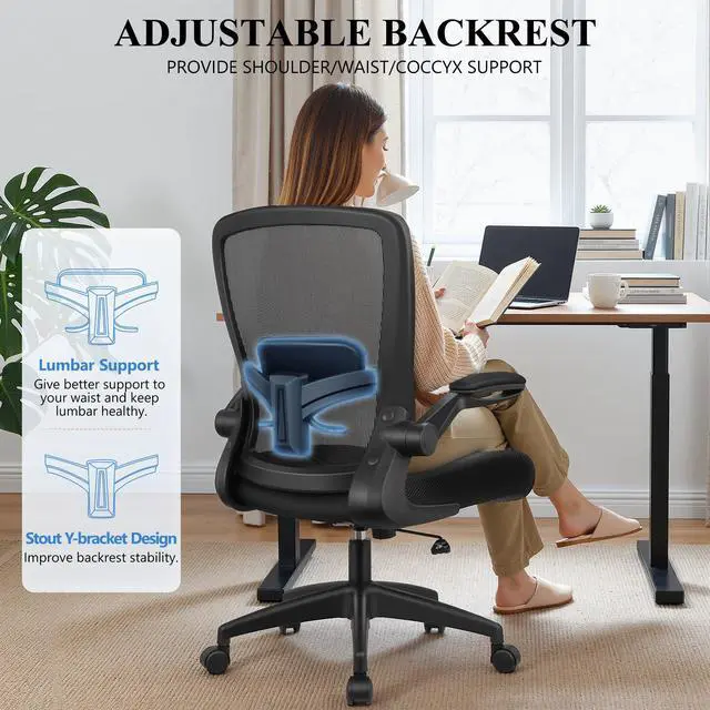 Alt view image 6 of 7 - Office Chair, Ergonomic Desk Chair Breathable Mesh Chairs Adjustable High Back Lumbar Support Flip-up Armrests, Executive Rolling Swivel Comfy Computer Chairs Home Office Black