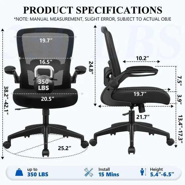 Alt view image 2 of 7 - Office Chair, Ergonomic Desk Chair Breathable Mesh Chairs Adjustable High Back Lumbar Support Flip-up Armrests, Executive Rolling Swivel Comfy Computer Chairs Home Office Black