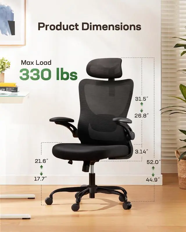 Alt view image 2 of 7 - Ergonomic Office Chair: Office Desk Chair with High Back Mesh and Adjustable Lumbar Support Rolling Work Swivel Task Chairs with Wheel 3D Armrests and Headrest