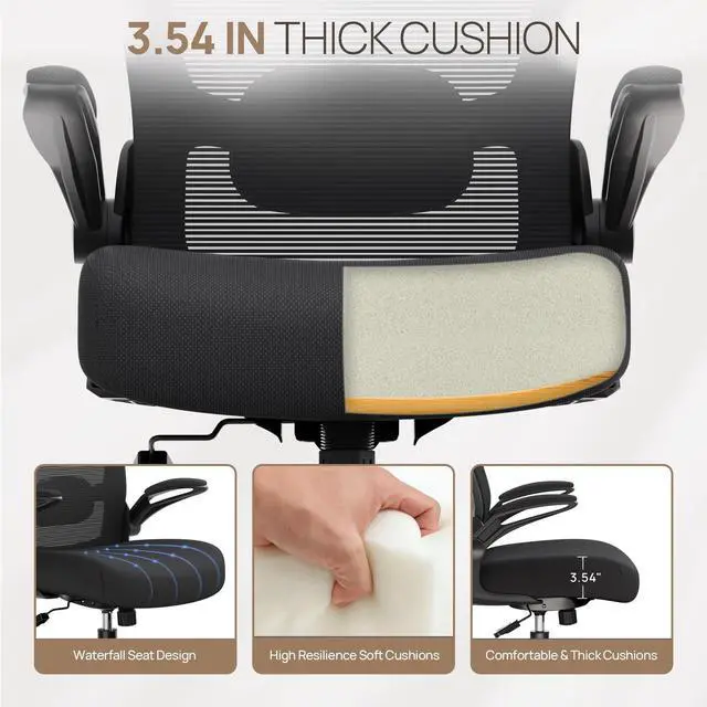 Alt view image 2 of 7 - Ergonomic Office Chair, Comfortable Desk Chair with Flip-up Armrests, Adjustable Lumbar Support, 135° Reclining Mesh Computer Chair for Home Office, Small Spaces and Team Office, Black