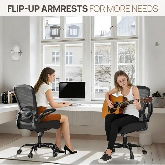 Alt view image 6 of 7 - Ergonomic Office Chair, Comfortable Desk Chair with Flip-up Armrests, Adjustable Lumbar Support, 135° Reclining Mesh Computer Chair for Home Office, Small Spaces and Team Office, Black