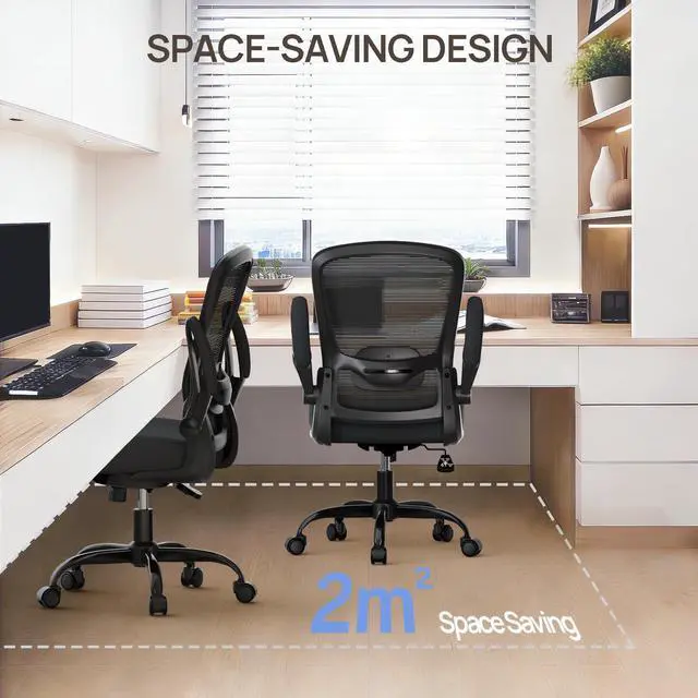 Alt view image 5 of 7 - Ergonomic Office Chair, Comfortable Desk Chair with Flip-up Armrests, Adjustable Lumbar Support, 135° Reclining Mesh Computer Chair for Home Office, Small Spaces and Team Office, Black