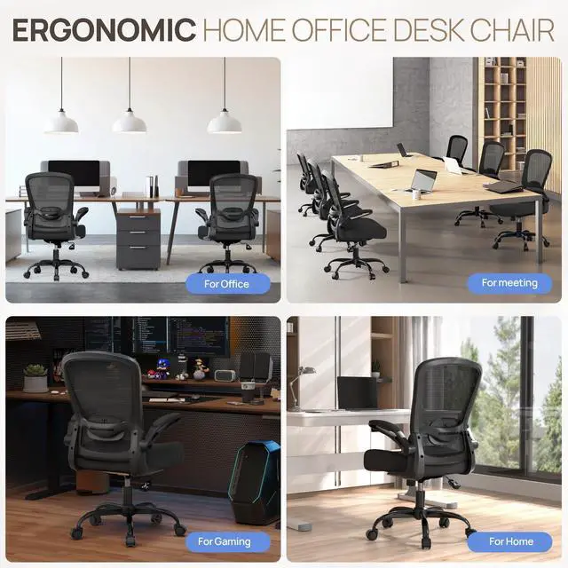 Alt view image 7 of 7 - Ergonomic Office Chair, Comfortable Desk Chair with Flip-up Armrests, Adjustable Lumbar Support, 135° Reclining Mesh Computer Chair for Home Office, Small Spaces and Team Office, Black