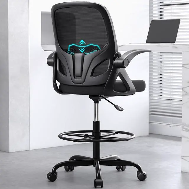 Main image of Drafting Chair Tall Office Chair, Ergonomic Standing Desk Chair with Adjustable Foot Ring and Flip-up Armrests, Mesh Computer Chair for Art Studio, 300 LBS, Black