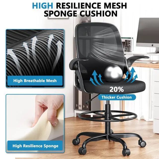 Alt view image 3 of 7 - Drafting Chair Tall Office Chair, Ergonomic Standing Desk Chair with Adjustable Foot Ring and Flip-up Armrests, Mesh Computer Chair for Art Studio, 300 LBS, Black