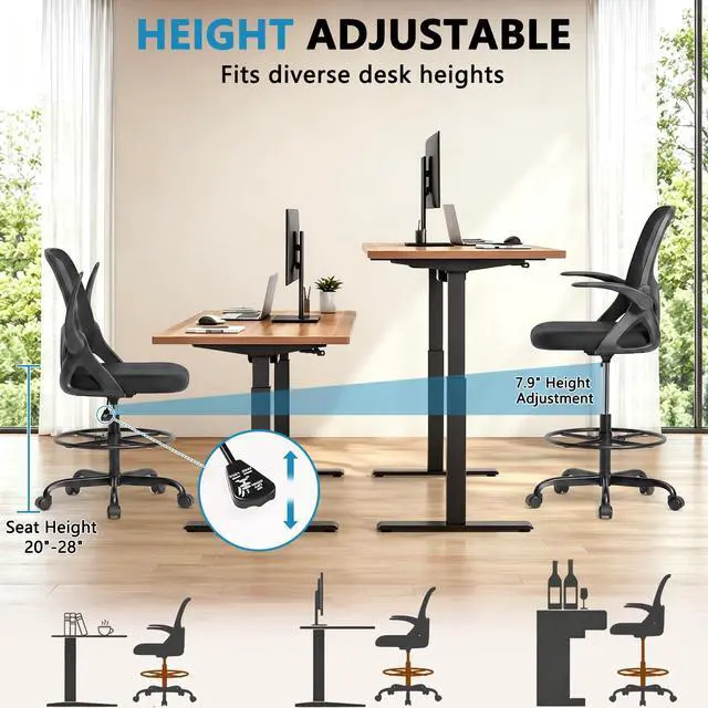 Alt view image 4 of 7 - Drafting Chair Tall Office Chair, Ergonomic Standing Desk Chair with Adjustable Foot Ring and Flip-up Armrests, Mesh Computer Chair for Art Studio, 300 LBS, Black