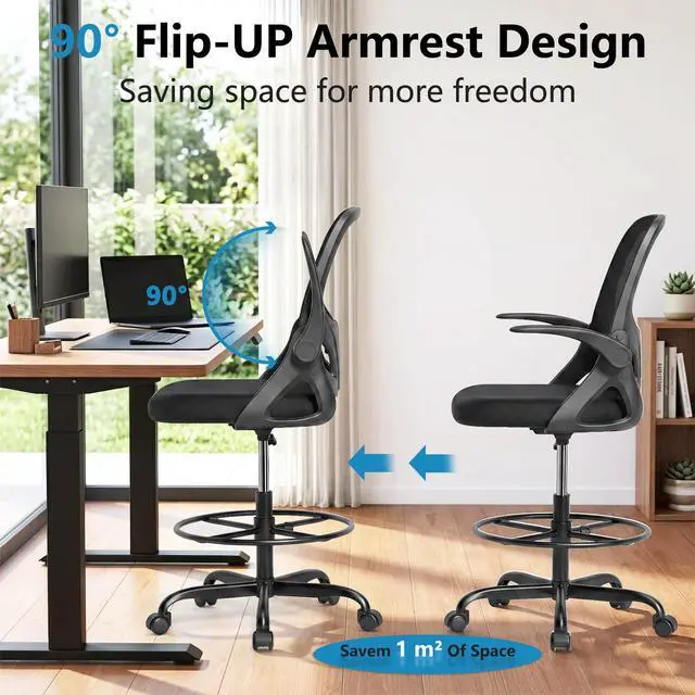 Alt view image 5 of 7 - Drafting Chair Tall Office Chair, Ergonomic Standing Desk Chair with Adjustable Foot Ring and Flip-up Armrests, Mesh Computer Chair for Art Studio, 300 LBS, Black