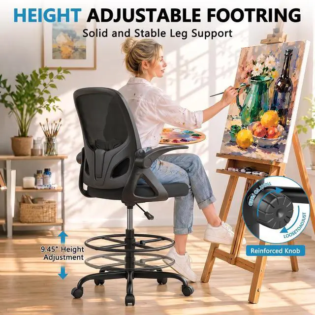 Alt view image 6 of 7 - Drafting Chair Tall Office Chair, Ergonomic Standing Desk Chair with Adjustable Foot Ring and Flip-up Armrests, Mesh Computer Chair for Art Studio, 300 LBS, Black